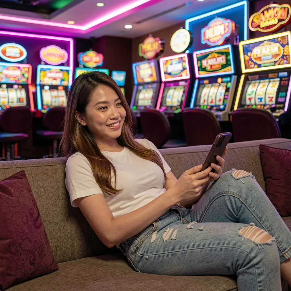 Elegant Filipino woman using the BB65 casino app on her phone while relaxing on a sofa with colorful slot machines glowing behind her