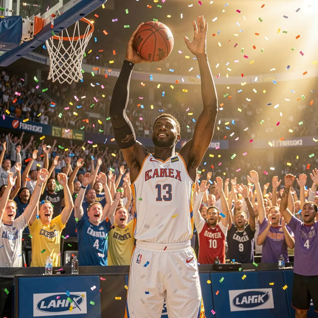 Professional basketball player celebrating a key moment in a packed arena with cheering fans symbolizing winning bets on BB65 in the Philippines