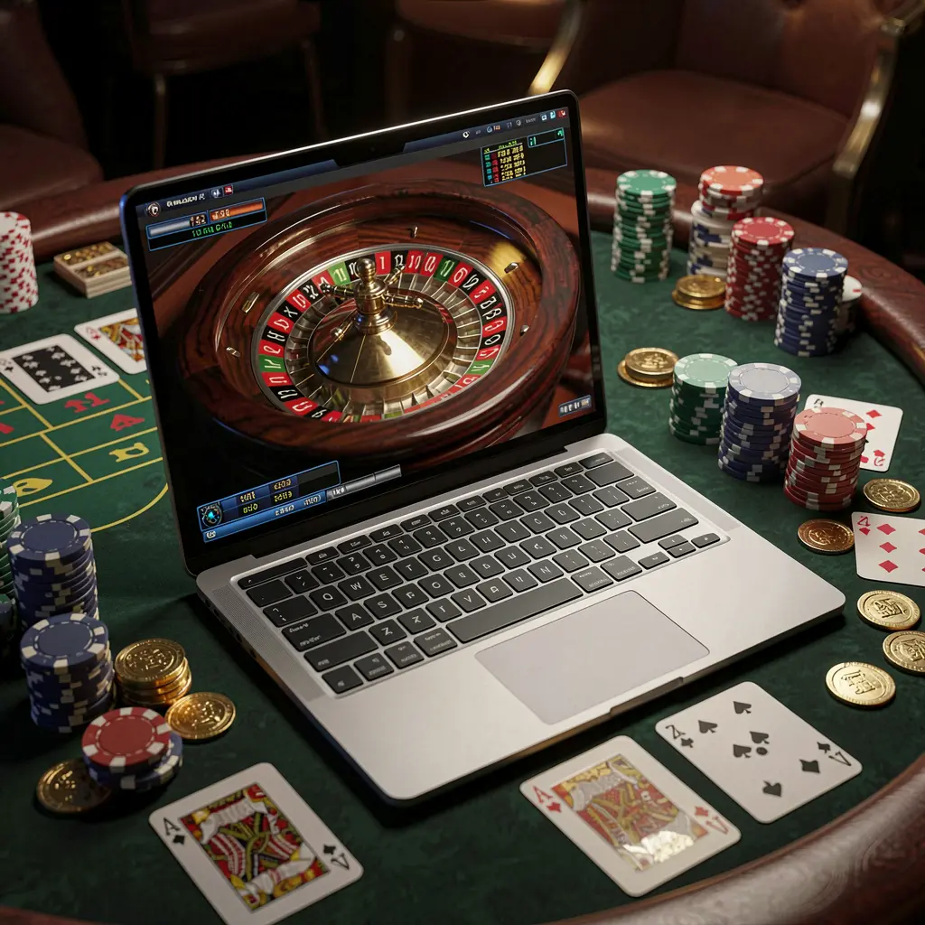 Close-up view of a live roulette wheel on a laptop surrounded by casino chips and cards showcasing the immersive BB65 online casino experience for players in the Philippines