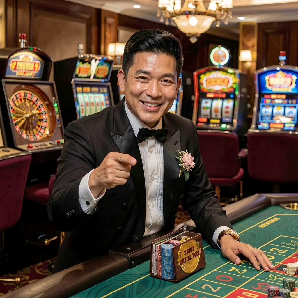 Friendly BB65 casino dealer in a red vest and bow tie inviting players to log in with roulette and slot machines behind him in the Philippines