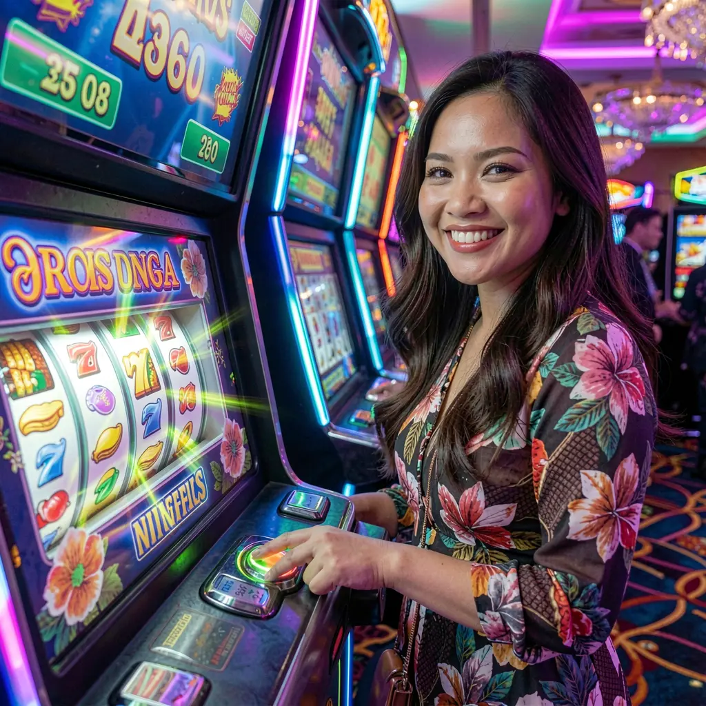 Modern slot machine with bright reels and colorful symbols being played by an excited woman in a lively casino atmosphere at BB65 online casino for players in the Philippines